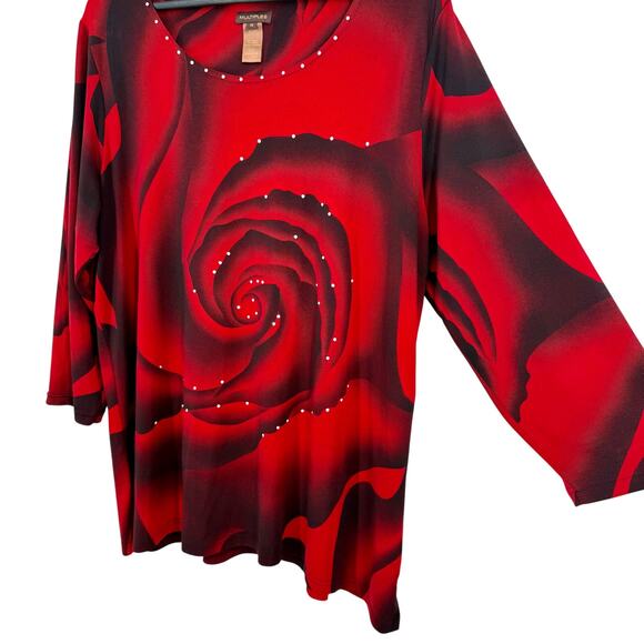MULTIPLES Plus Size 1X Wearable Art Red Rose Stretchy Blouse Shirt Top Christmas - Picture 5 of 7